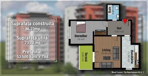 Apartament 2 camere de vanzare cu terasa in bloc nou,Targu  Tudor