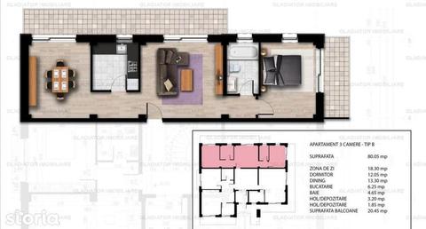 Apartament 3 camere, 80,24 mp in bloc Nou, COMISION 0