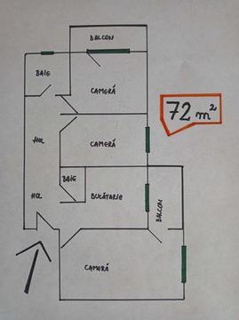 Apartament 3 camere, decomandat, 72 mp